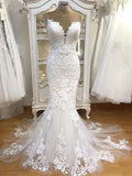Spaghetti Strap Lace Mermaid Tulle Applique Ivory Wedding Dresses RPD2104