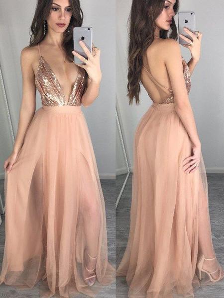 Sparkle Sequin Top Deep V-Neck Backless Spaghetti Strap Tulle Long Evening Prom Dresses,SW0061
