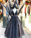 Tulle Black Lace Applique A-line V-neck Long Prom Dress DPB152