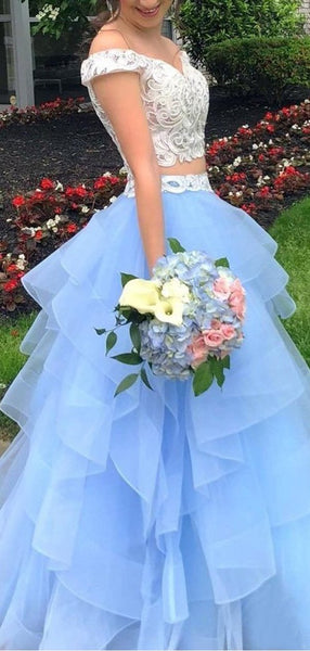 Two Piece Off Shoulder BLue Organza Ivory Lace Prom Dresses, DB1119