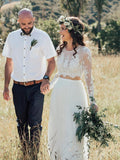 Two Piece See Through Lace Top Long Sleeve Ivory Chiffon Wedding Dresses ,DB0177