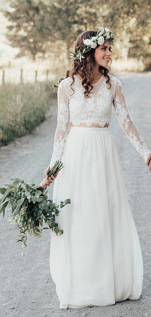 Two Piece See Through Lace Top Long Sleeve Ivory Chiffon Wedding Dress   sweetbridals