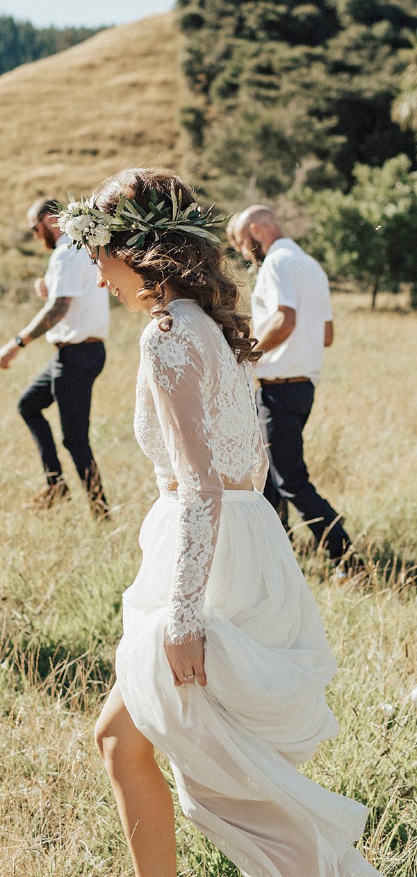 Two Piece See Through Lace Top Long Sleeve Ivory Chiffon Wedding Dress   sweetbridals