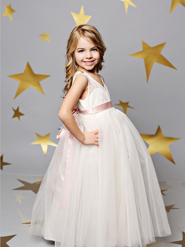 Cute A Line Backless Floor Length Lace Top Tulle Long Flower Girl Dresses , GTE2127