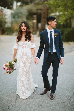 Vintage Off Shoulder Half Sleeve See Through Ivory Lace Nude Wedding Dresses, WD0009