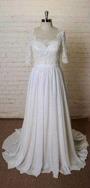 Elegant Square Neckline Lace Top Half Sleeves A Line Long Wedding Dresses, MD436