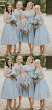 Cheap Dusty Blue Chiffon V Neck A Line Short Bridesmaid Dresses, SW1075