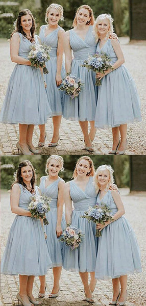 Cheap Dusty Blue Chiffon V Neck A Line Short Bridesmaid Dresses, SW1075