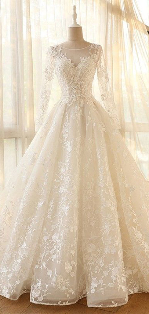 Pretty A Line Long Sleeves Floor Length Lace Applique Tulle Long Wedding Dresses, MD444