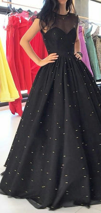 Pretty Black A Line Round Neck Floor Length with Pearls Long Prom Dresses, MD415
