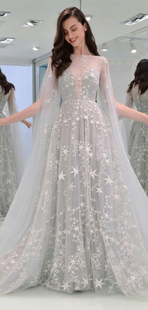 Gorgeous Long Sleeves A Line Floor Length Tulle Long Prom Dresses, MD447