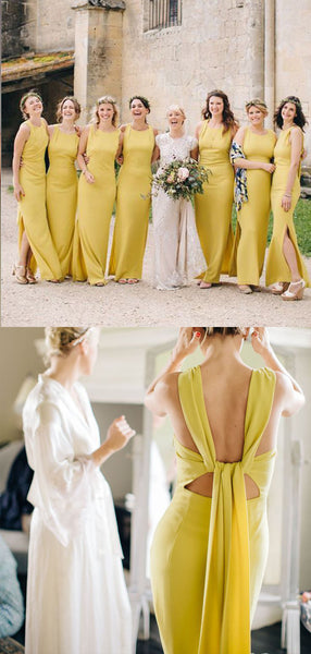 Simple Yellow Sleeveless Side Slit Floor Length Long Bridesmaid Dresses, SW1077