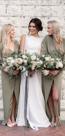 Pretty Olive Green V Neck Chiffon Floor Length Long Bridesmaid Dresses, SW1059