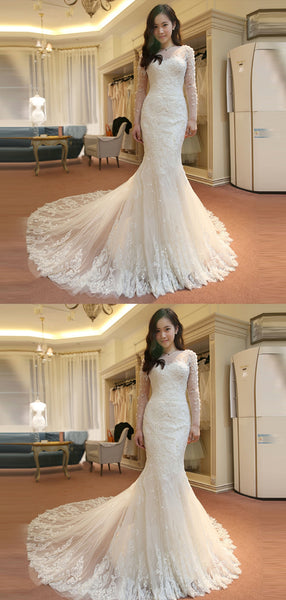 Gorgeous Long Sleeves Sweep Trailing Mermaid Long Wedding Dresses ,MD373