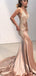 Sexy Champagne Spaghetti Strap V Neck Lace Applique Mermaid Long Prom Dresses, MD455