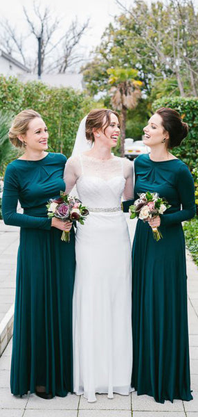 Simple Green Round Neck Long Sleeves A Line Long Bridesmaid Dresses, SW1057