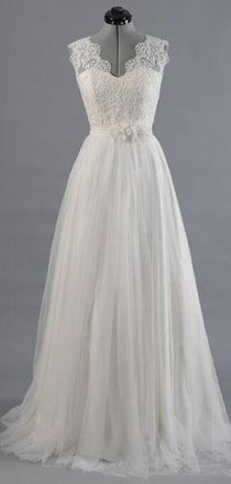 Pretty A Line Lace Top V Neck Sleeveless Long Splendid Wedding Dresses ,MD377