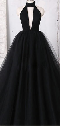 Pretty Black Halter Tulle Ball Gown Open Back A Line Long Prom Dresses, MD418