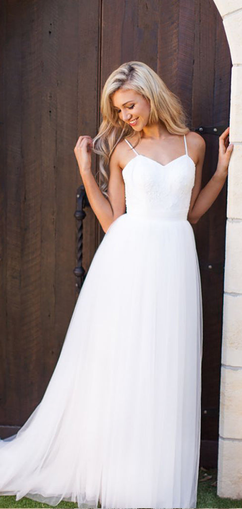 Simple Lace Top Spaghetti Straps A Line Sweep Trailing Long Wedding Dresses ,MD434