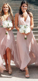 Simple Light Pink Spaghetti Strap V Neck High Low Bridesmaid Dresses, SW1076