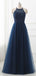 Simple Navy Blue Halter A Line Tulle Lace With Beading Long Prom Dresses, MD419