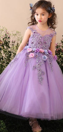 Cute Handmade A Line Applique Tulle Long Flower Girl Dresses , GTE2128