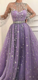 Unique Long Sleeves A Line Sparkly Star Tulle Evening Dresses Long Prom Dresses, MD425