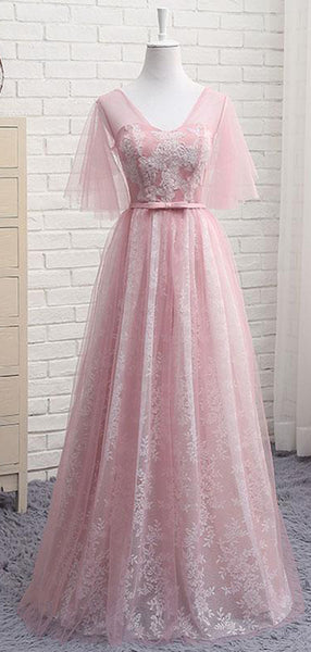 Elegant Half Sleeves A Line Lace V Neck Evening Dresses Long Prom Dresses, MD421