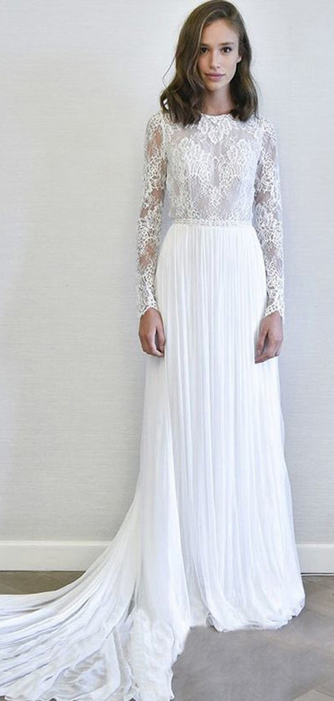 Elegant Long Sleeves Chiffon Lace Sweep Trailing Long Wedding Dresses ,MD358