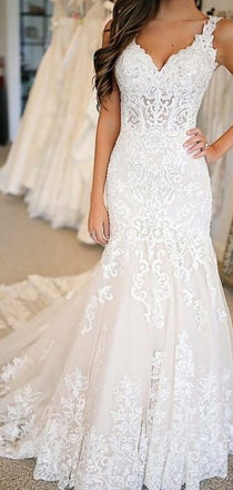 Pretty Lace Applique Spaghetti Straps V Neck Mermaid Wedding Dresses ,MD346