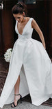 Gorgeous Classic White Satin Side Slit V-Neck Long Wedding Dresses ,SW0004