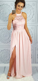 Elegant Halter A Line Side Slit Lace Top Floor Length Long Prom Dresses, MD417