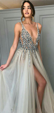 Long Backless Grey Sexy Dresses with Slit Rhinestone See Through Prom Dress DPB121