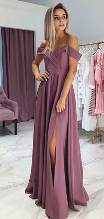 Simple Off The Shoulder A Line Side Slit Floor Length Long Prom Dresses, MD428