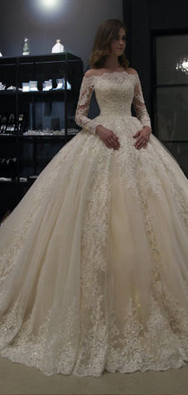 Gorgeous Off The Shoulder Long Sleeves Ball Gown Lace Wedding Dresses ,MD371