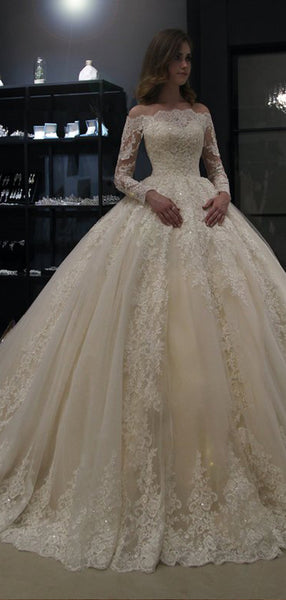 Gorgeous Off The Shoulder Long Sleeves Ball Gown Lace Wedding Dresses ,MD371