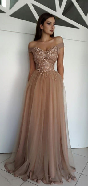 Elegant Off The Shoulder Lace Beaded A Line Floor Length Long Prom Dresses, MD441