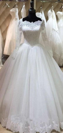 Pretty Long Sleeves Lace Tulle Floor Length A Line Long Wedding Dresses ,MD433