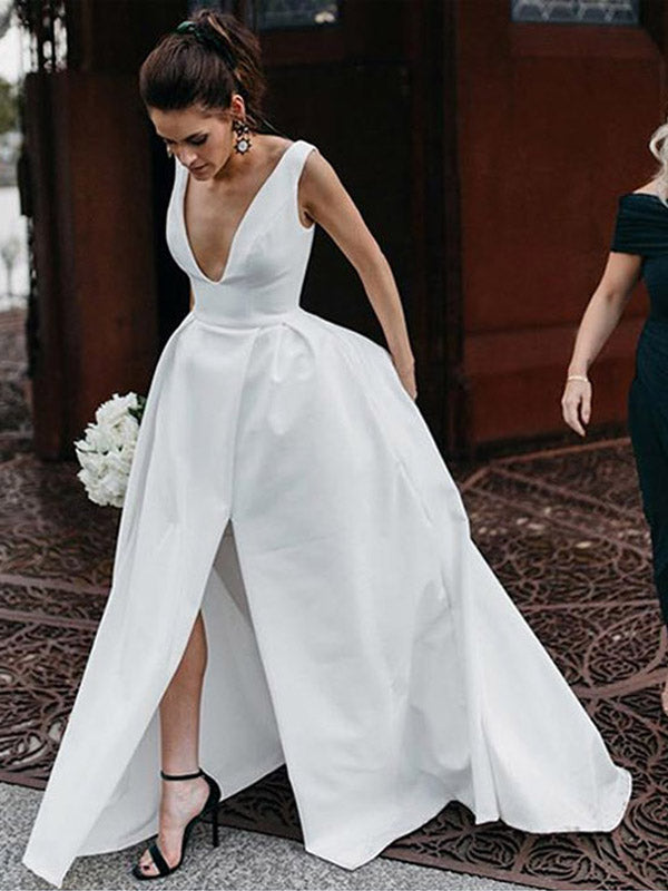 Gorgeous Classic White Satin Side Slit V-Neck Long Wedding Dresses ,SW0004