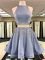 Elegant Halter Two Pieces Satin A Line With Rhinestone Short Homecoming Dresses, BTW174