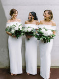 White Jersey Off Shoulder Sheath Simple Long Bridesmaid Dresses ,DB130