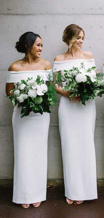 White Jersey Off Shoulder Sheath Simple Long Bridesmaid Dresses ,DB130
