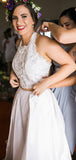 White Lace Satin Two Piece Halter With Pocket Wedding Dresses ,DB0178
