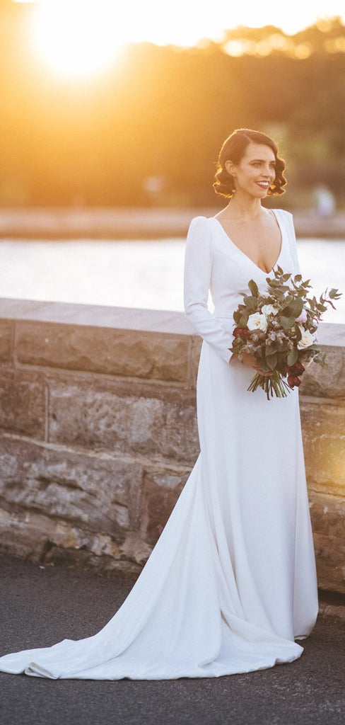 White Satin Long Sleeve V-neck With Train Simple Wedding Dresses,DB0164