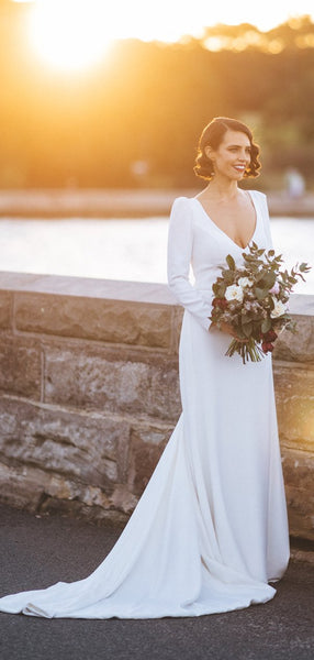 White Satin Long Sleeve V-neck With Train Simple Wedding Dresses,DB0164
