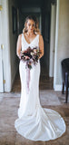 White Satin V-neck Sleeveless Mermaid With Train Wedding Dresses,DB0165