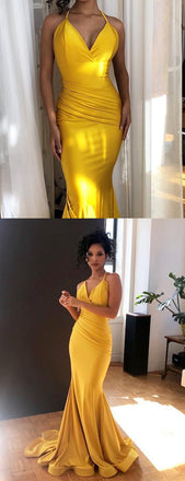 Yellow Jersey Spaghetti Strap Mermaid V-neck Bridesmaid Dresses,PB1054