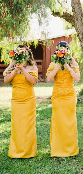 Yellow Pleating Off Shoulder Sheath Long Bridesmaid Dresses,DB120