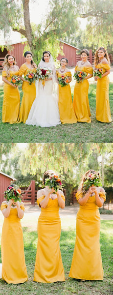 Yellow Pleating Off Shoulder Sheath Long Bridesmaid Dresses,DB120