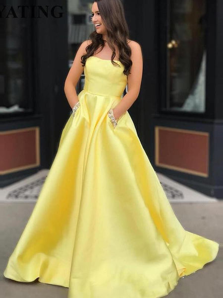 Yellow Satin Beaded Pockets Strapless Ball Gown Sweet-16 Prom Dresses, DB1123